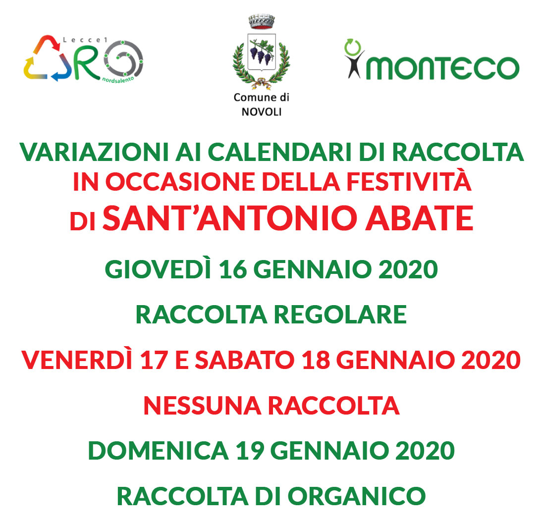 Festività Sant’Antonio Abate del 16-17-18 gennaio 2020 – variazione calendario raccolta -