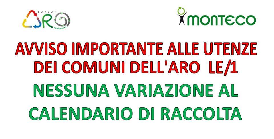 Avviso servizio di raccolta 25 aprile e 1° maggio nei comuni dell'ARO LE/1
